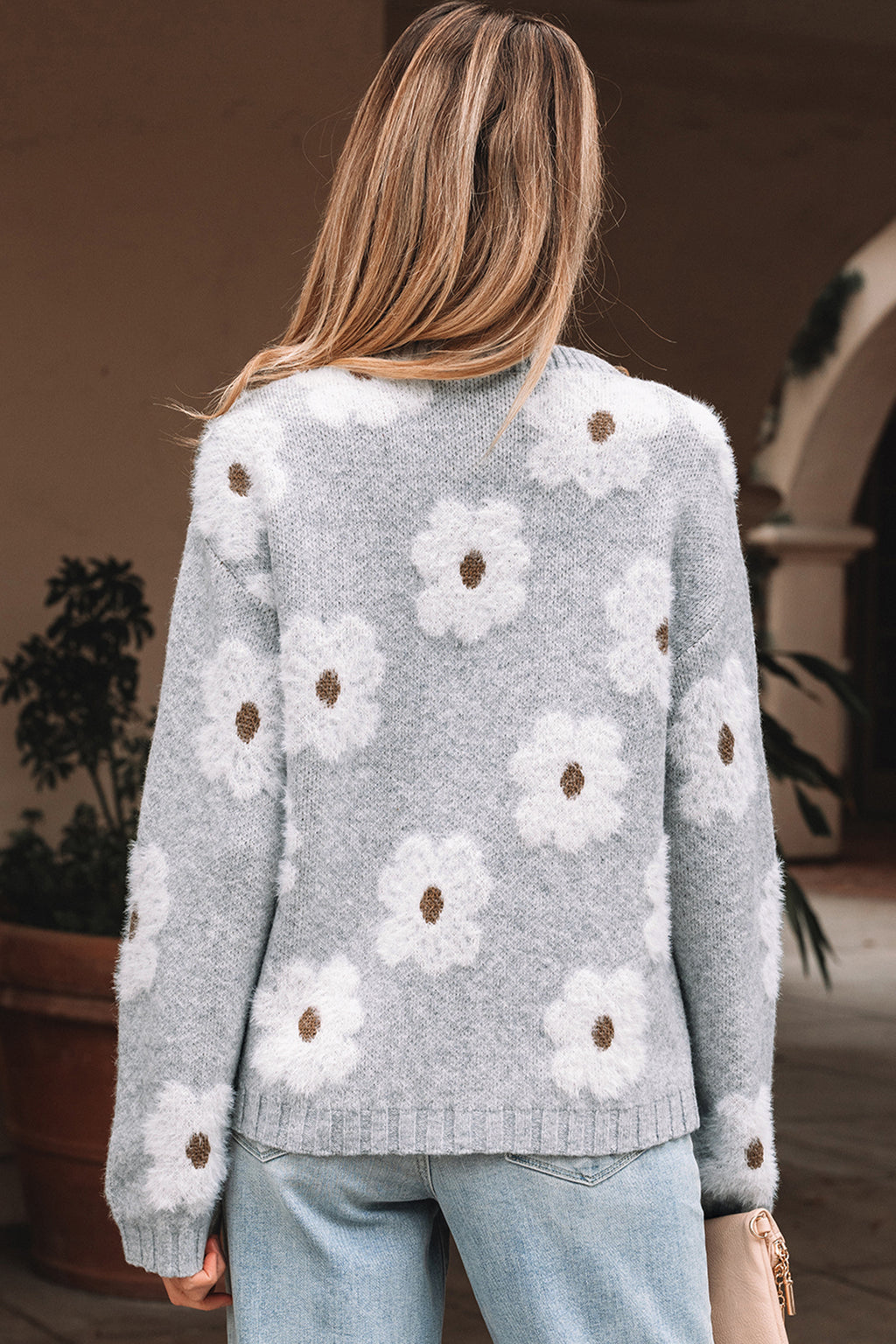 Gray Flower Baggy Sweater