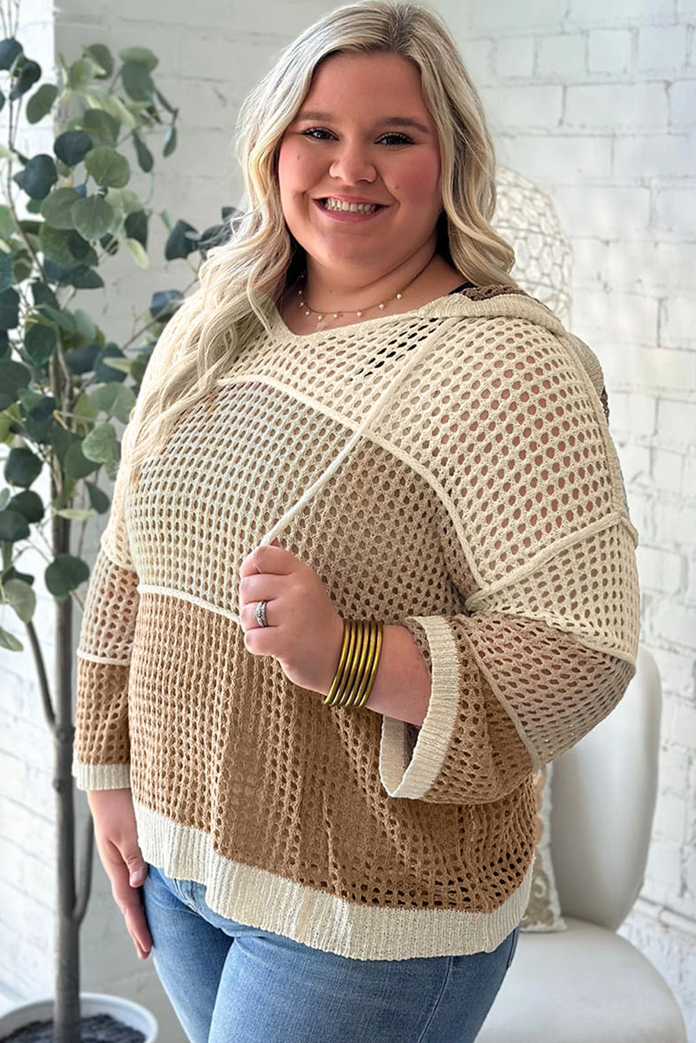 Plus Size  Colorblock Hollowed Knit Hooded Jumper Sweater