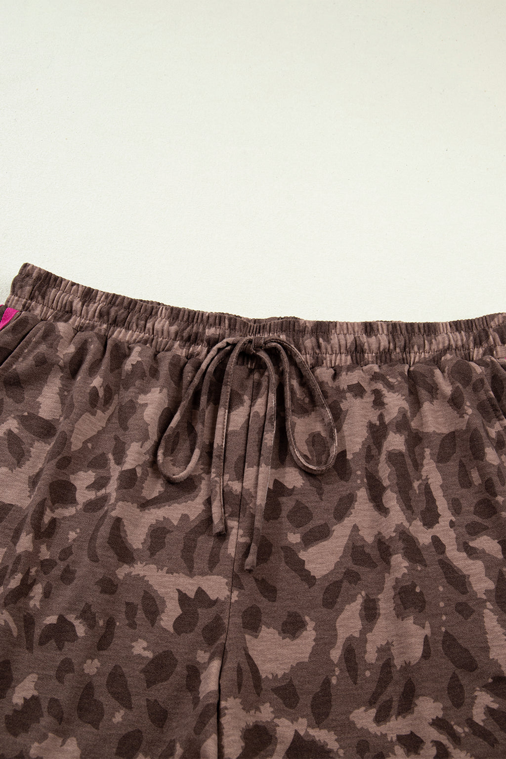 Plus Size Brown Retro Leopard Print Contrast Varsity Stripe Trim 2pcs Short Set